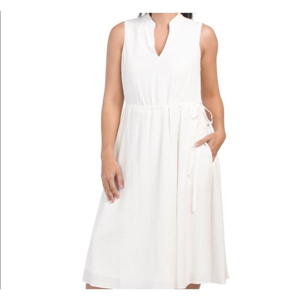 Anne Klein Womens Sleeveless Crinkle Textured Jenna Midi Dress Off White Size 10